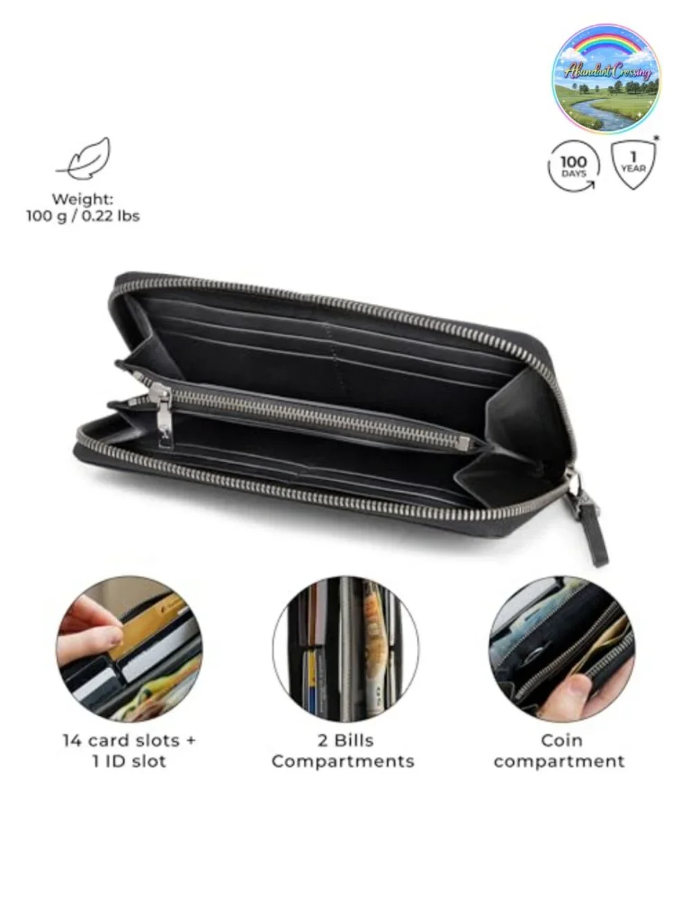 Genuine Leather Zip Wallet RFID Blocking Large Capacity Card Holder